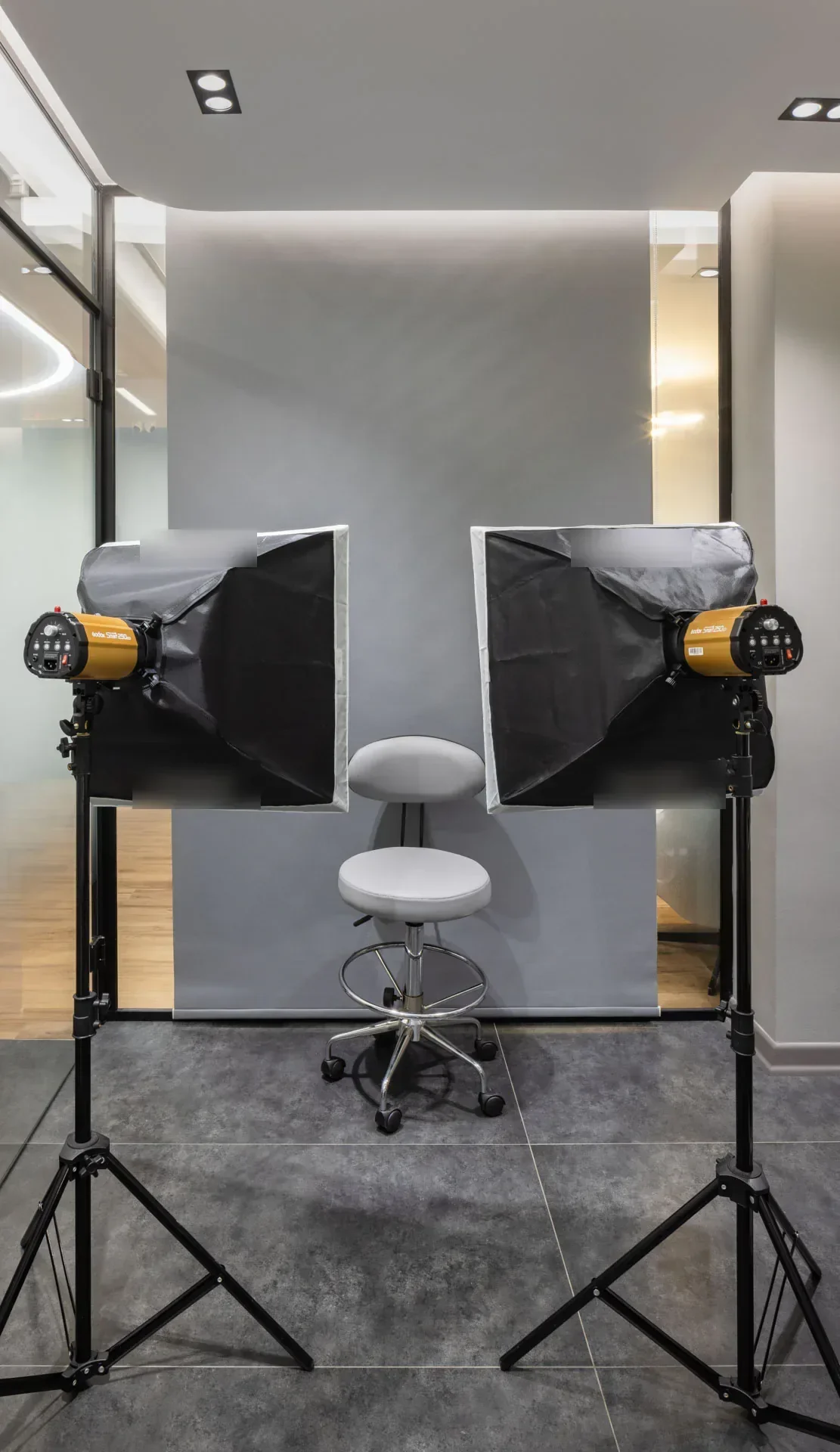 Photography area with two softboxes for smile photographs