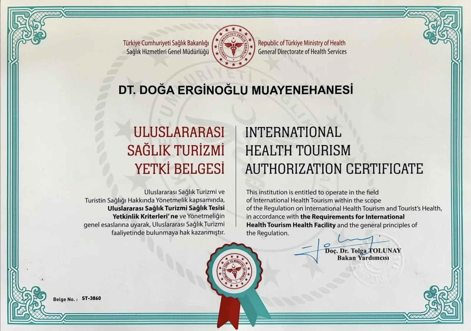 Republic of Türkiye Ministry of Health International Health Tourism Authorization Certificate for Dt. Doğa Erginoğlu Muayenehanesi, no. ST-3860